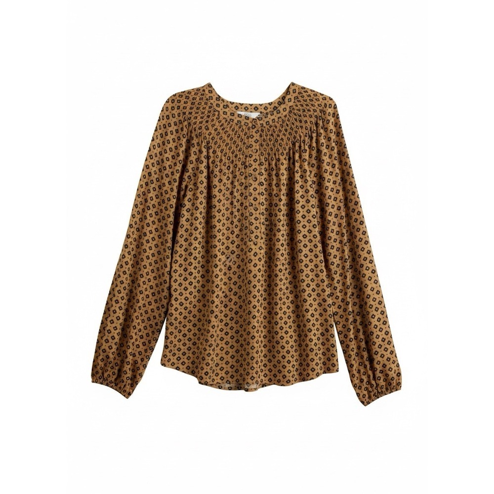 Women's Croft & Barrow Print Smocked Peasant Top 3X Raglan Sleeves Boho Tan Blue